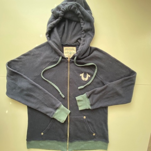 True Religion Y2K Branded Stencil Raglan Hoodie Navy Blue Bling Logo Size L - Picture 3 of 14